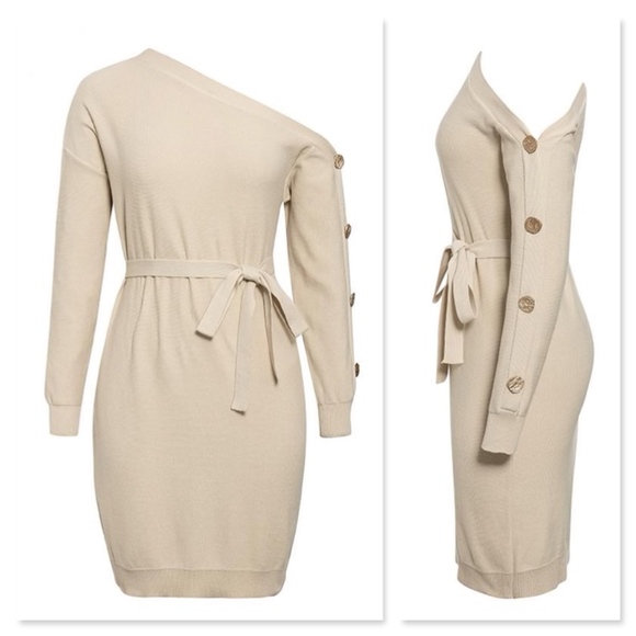 Knit One Shoulder Belted Dress in Beige - Picture 11 of 14